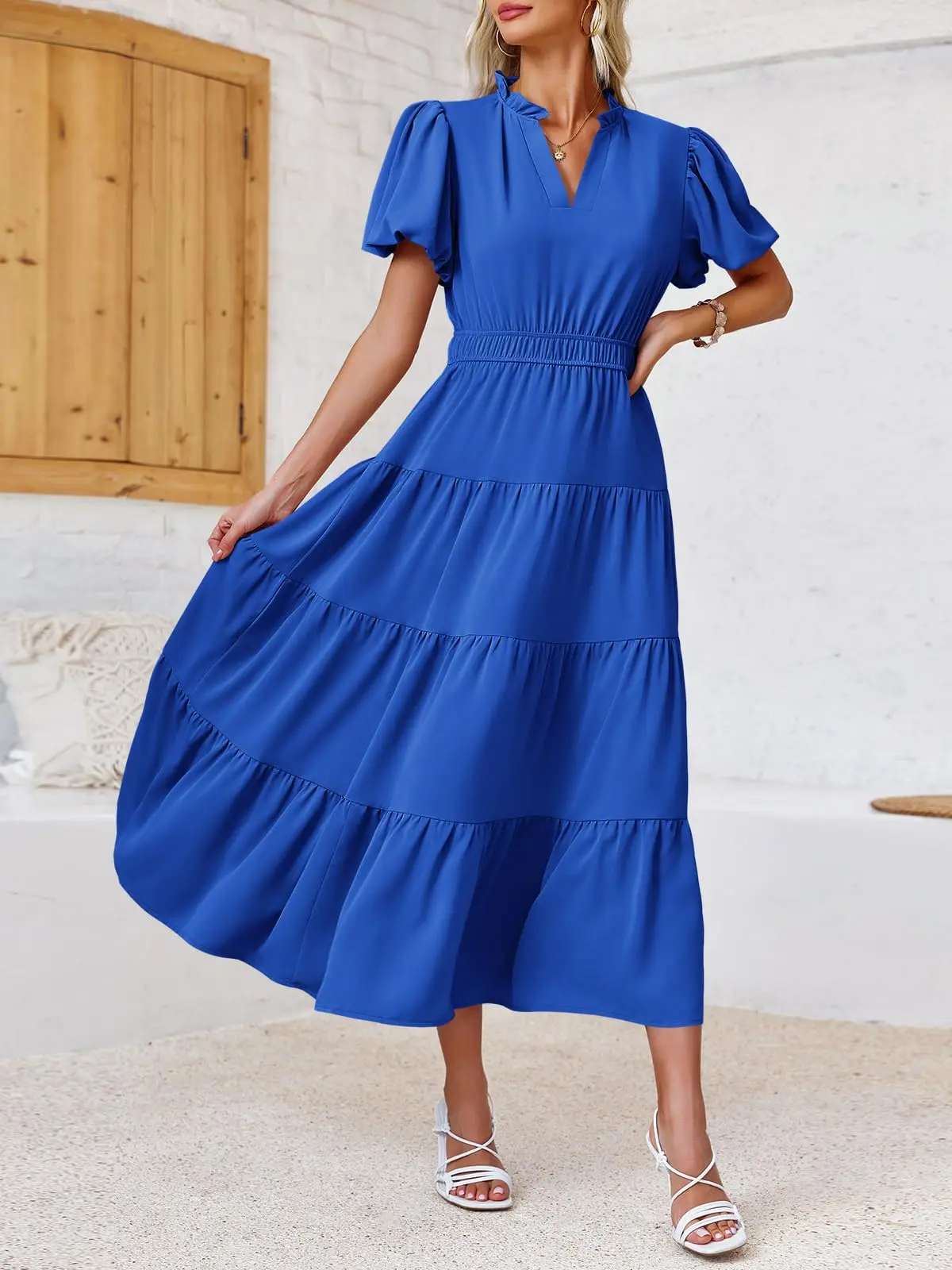 flowy tiered midi dress Flying Tomato Dusty Blue Striped Tiered Midi Dress