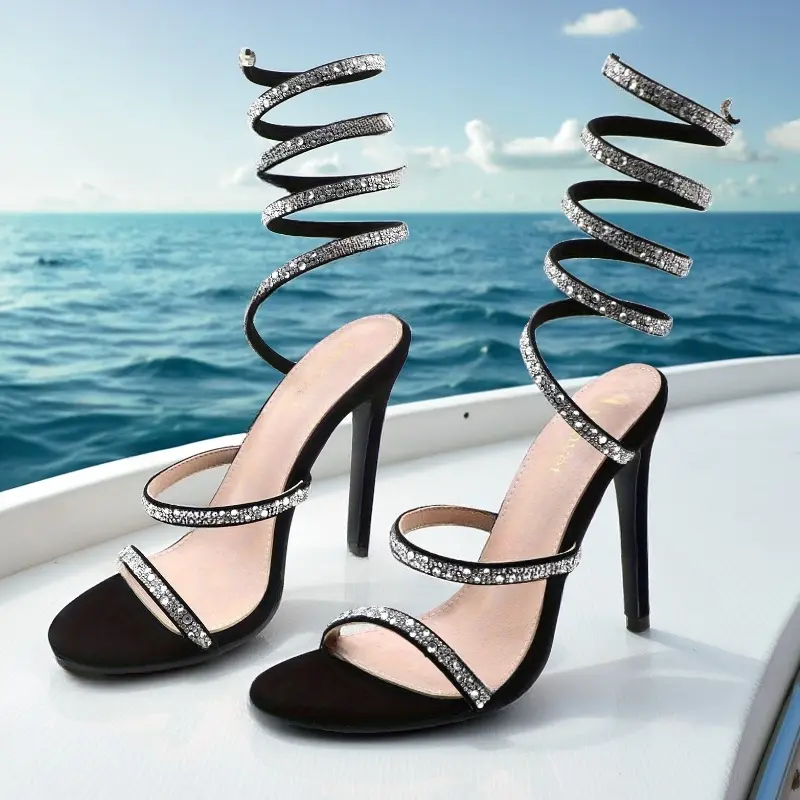Women's Rhinestone Sandals - BD for Women, Round Toe, 4-in Heel, Sparkly Stiletto/Chunky Heels, Ankle Wrap Straps, Braid Detail, Slip On, PU Leather, Breathable, All Seasons Footwear