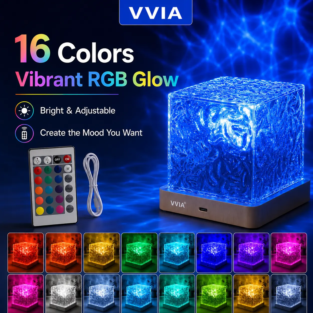 16 Color Dynamic Water Ripple Ocean Wave Projector Cube Light, Remote Control RGB Aurora Ambient Night Light for  Yoga Meditation.Rechargeable LED Aurora Shower Mood Light, suitable for bedrooms, game rooms, meditation, parties