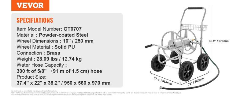 VEVOR Hose Reel Cart for Garden Watering with Storage Basket, TikTokShopBlackFriday, Mobile Tools and 4 Wheels, Heavy Duty Powder-coated Steel, 300 ft Capacity