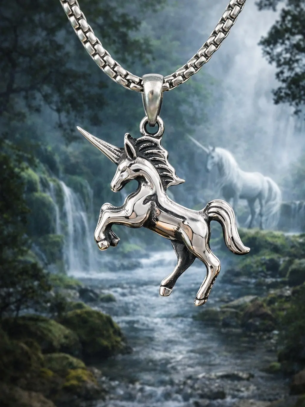 The Armored Kingdom Silverhorn Unicorn Enchanted Necklace - Stainless Steel Unisex Animal Jewelry, Royal Keychain, Magic Purity Strength Symbol, Intricate Chain & Link Silver-Tone Long Chain for Adventurers' Daily Wear