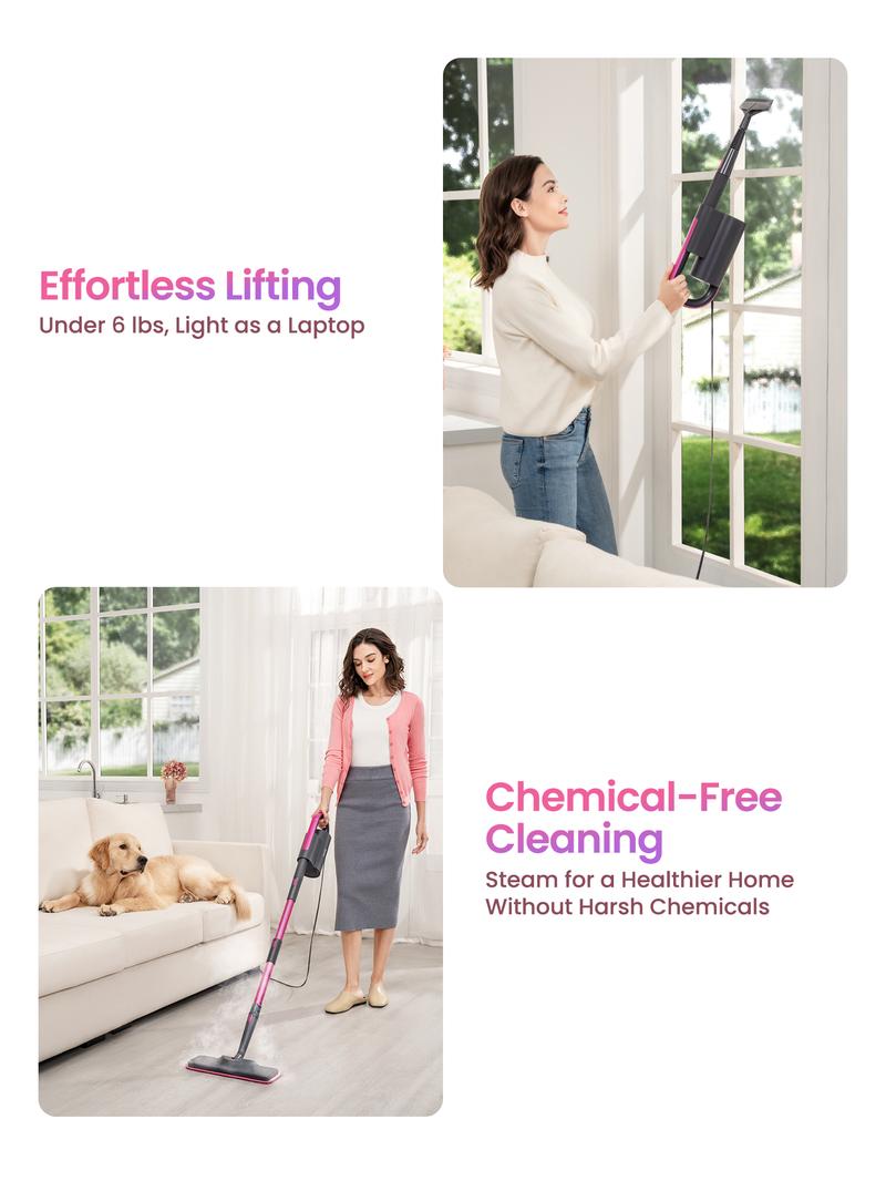 Schenley 19-in-1 Steam Mop Dual-Rod Design with Detachable Handheld Steamer for Walls, Grouts, Hard Floors, Tiles, includes Multi-purpose Accessories, Washable Microfiber Pads and Disposable Pads