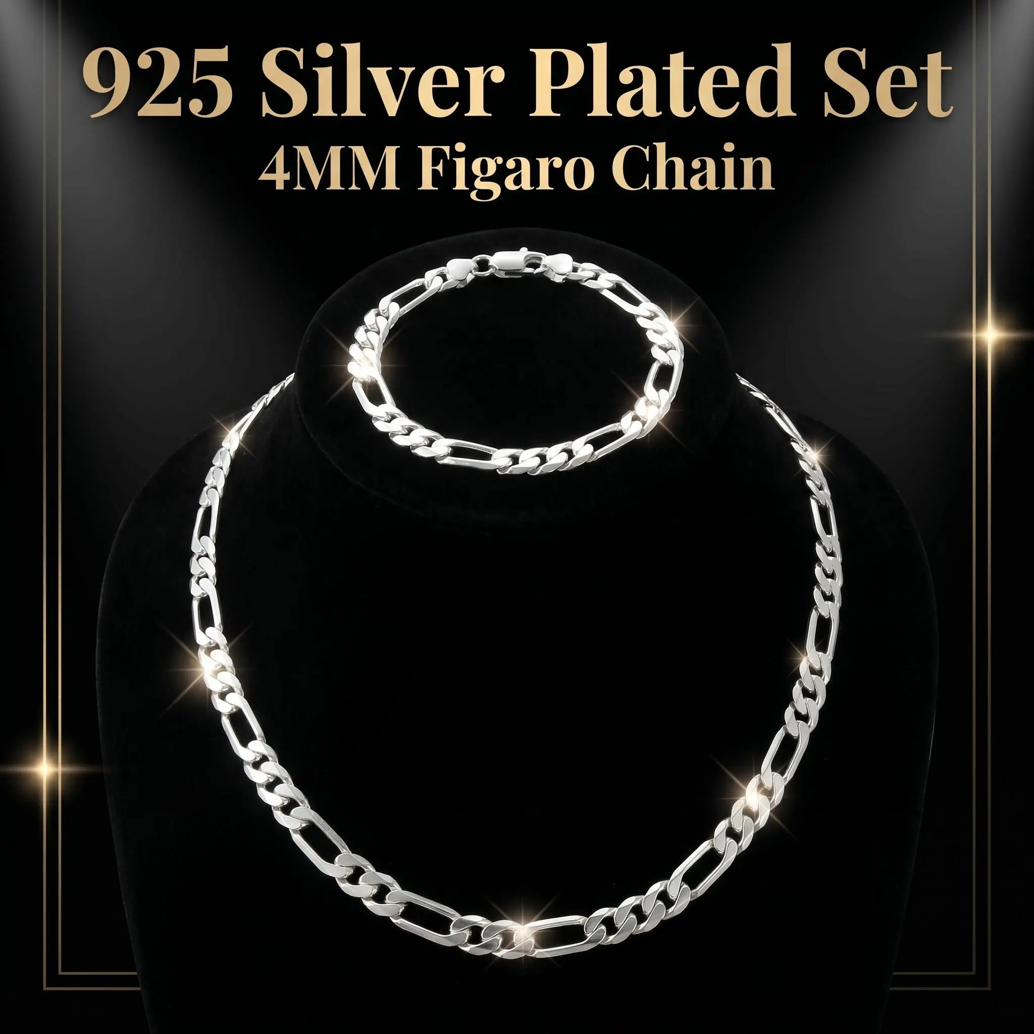 Figaro Chain Necklace & Bracelet Set, Unisex 4mm 925 Silver Plated, Hypoallergenic Non Tarnish Jewelry for Everyday Wear, Figaro Link, Plated Metal, Classic, Adults