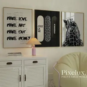 Set of 3 Retro Black & White Gallery Wall Art – Y2K Aesthetic Fashion Collage Prints for Dorm, Y2K Fashion Decor, Trendy Leopard Print