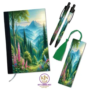 Echoes of Nature Mountain Personalized Journal Essentials Bundle – Fabric Hardcover Notebook with Pens & Tassel Bookmark  Kat’s Journal Nest