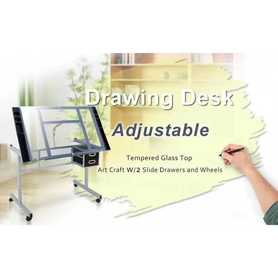Adjustable Height Drawing Drafting Desk with Tempered Glass Top, Slide Drawers, Storage Compartment, Steel Frame, Adjustable Height Workbench for Arts & Crafts Projects, Adjustable Height Desks, Powder Coated,back to school,back to school haul,sohochic