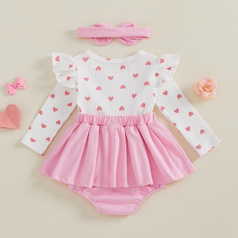 Calsunbaby Valentine Baby Girl Outfit Heart Print Ribbed Long Sleeve Newborn Valentines day Romper Dress Headband Set