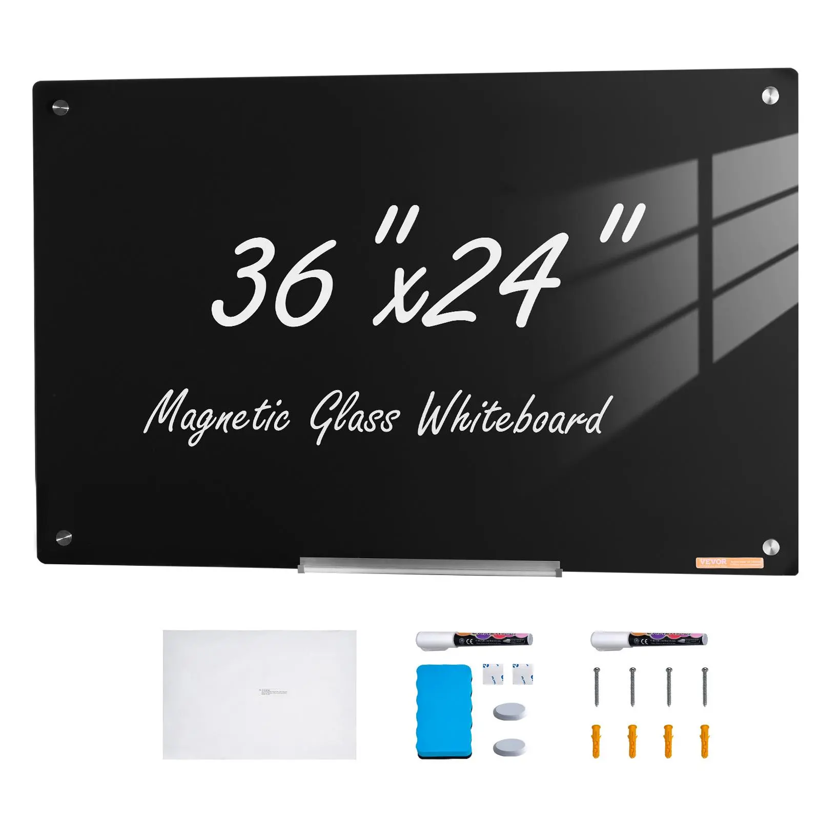 【Backtoschool】VEVOR Tempered Glass Magnetic Whiteboard Kit, 36"x24" Wall-Mounted Frameless Dry Erase Board for Teachers, with Marker Tray, Eraser, 2 Markers, Black, Magnetic White Boards for Walls with 0.4mm Thick Galvanized Sheet, White Board Kit