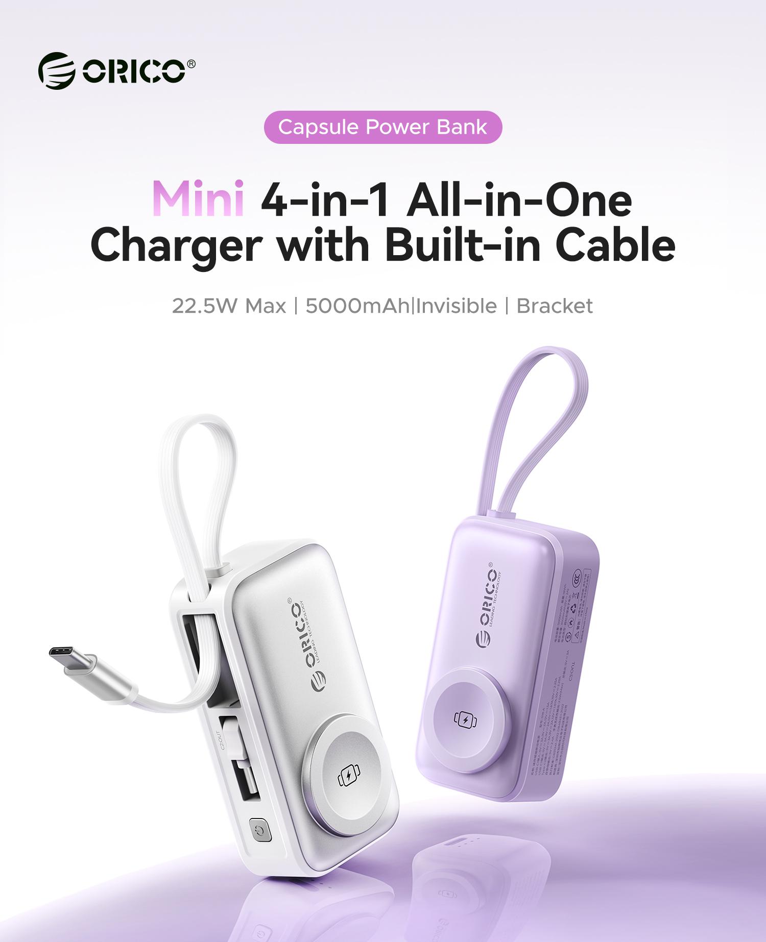 Orico 3-in-1 Portable Power Bank with Integrated Cable, Watch Wireless Charging, and Foldable Wall Plug – Compact Fast-Charge Battery for iPhone & Android - S18