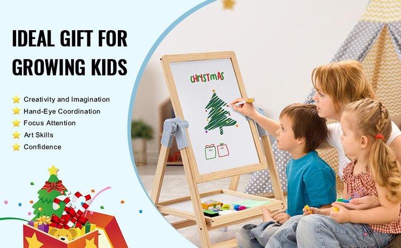 VEVOR 2-in-1 Kids Art Easel Double-Sided Wooden Magnetic Whiteboard Chalkboard, Christmas gift