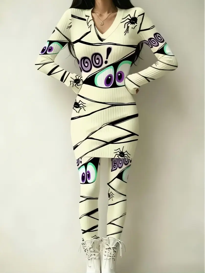 Halloween-themed women's dress set, available in mixed colors and multiple sizes. Featuring a fun "BOO!" spider and eye design, this whimsical style is perfect for parties and everyday wear, offering both fashion and comfort