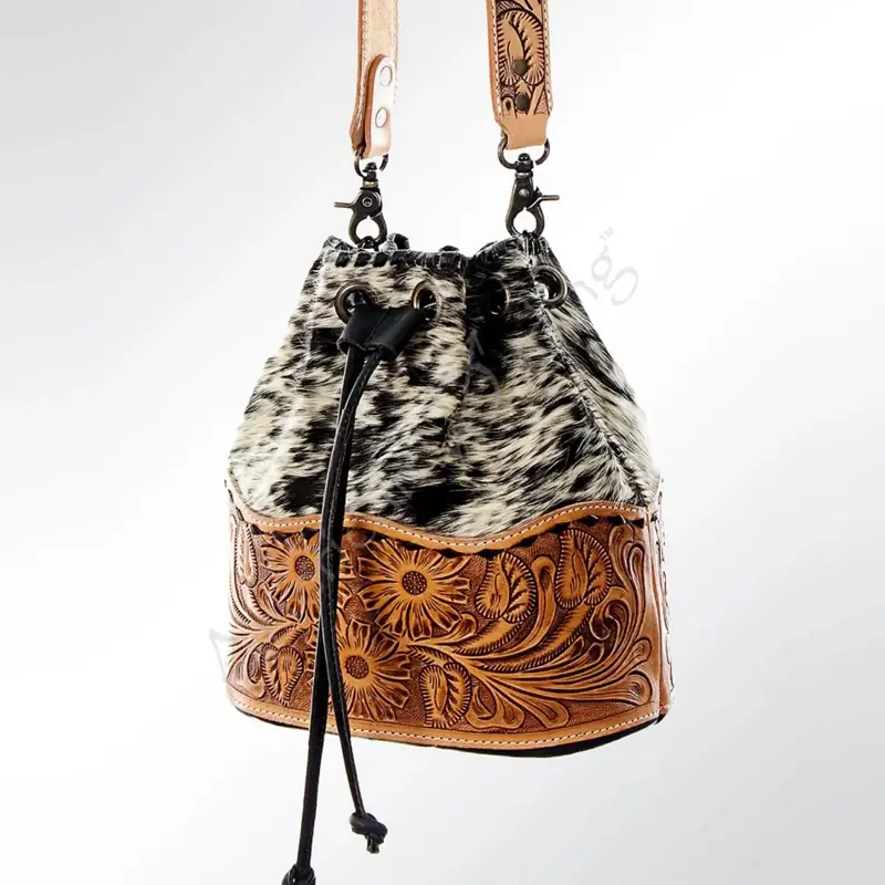 Women's American Darling Cowhide Tooler Leather Bucket Crossbody Bag - Elegant Accessory for Casual, Elegant Occasions, Cowhide Leather Crossbody, Bucket Bag