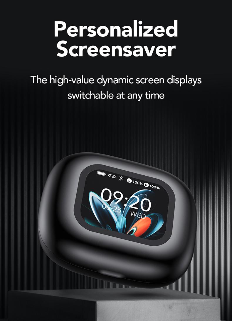 HTC NE27 Open-Ear True Wireless Bluetooth Headphones with Microphone, LED Display Earbuds with Earhooks, Sweat Resistant, 48HRS Playtime, Compatible with iPhone & Android, Black