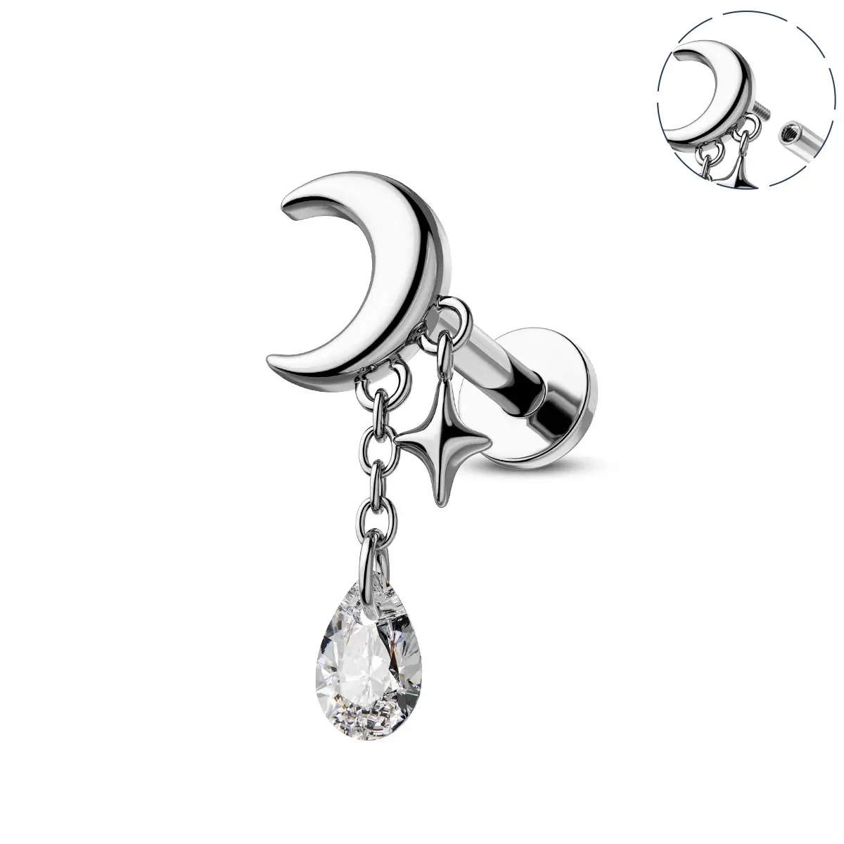 Oufer 16G Internally Threaded Moon Dangle Cartilage Stud Helix Earrings for Women, Fashion Jewelry for Piercing, Helix Stud Earrings, Moon Pendant Earrings