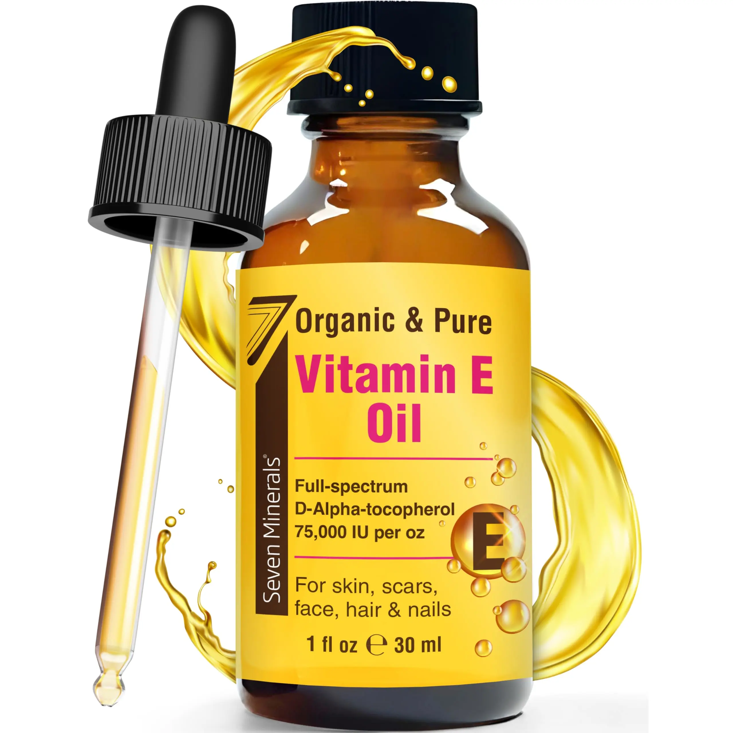 Seven Minerals Ultra Pure Vitamin E Oil 75,000 IU per oz - 100% Organic D-Alpha Tocopherol for Skin, Face, Hair, and Scars