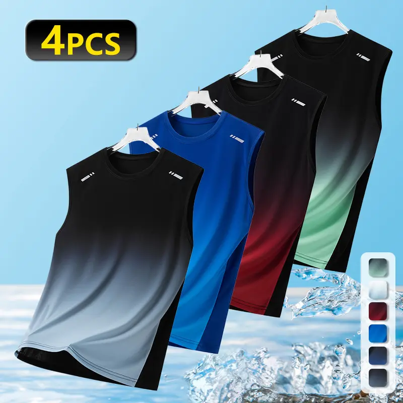 Clean Gent 4-Pack Men’s Summer Ultra-Thin Loose Fit Tank Tops with Fashion Print Gradient Design and Crew Neck, Breathable Athletic Tops for Outdoor Running and Sports