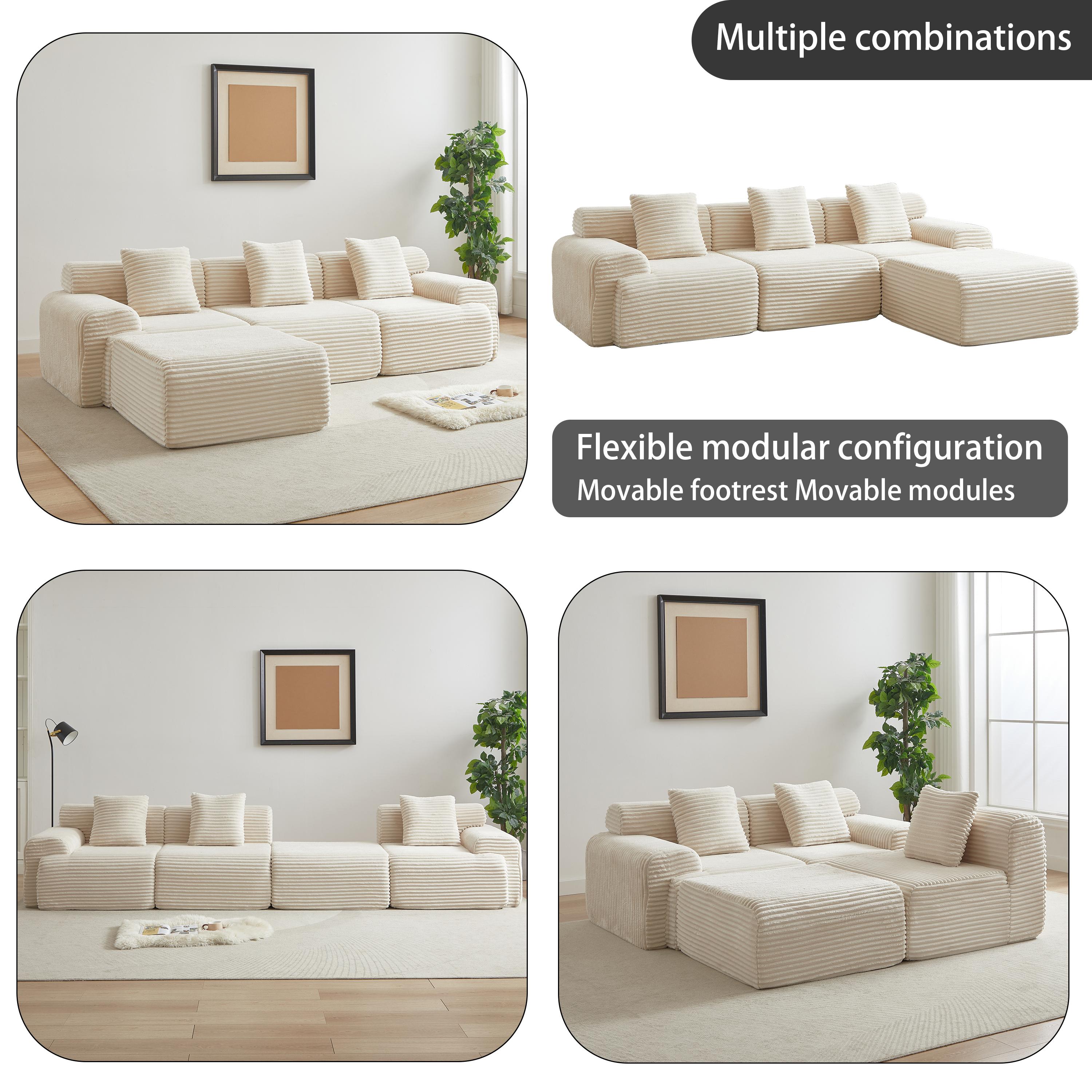 Niccae 114-inch Corduroy Modular Sofa Boneless couch, Featuring an Inlaid Structural Design, three throw pillows, Wider backrest design and Four Freely Configurable Modules.
