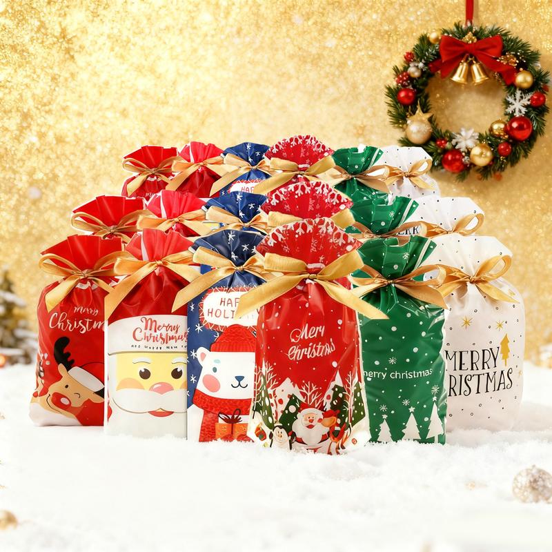 50PCS New Year Gift Bags Set, Drawstring Wrapping Bags with Tags, Holiday Reusable Goody Bags, 6 Designs, Medium Size 5.91" × 9.06"（Styles Ship Randomly）