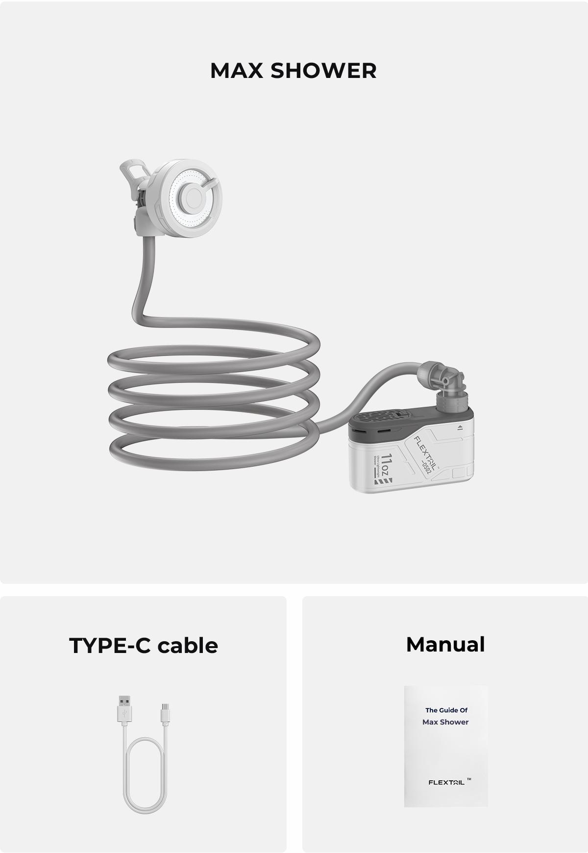 FLEXTAIL MAX SHOWER 11oz Portable Rechargeable Instant Outdoor Camping Shower with USB-C, Shower Pump for Hiking, Car Wash, Pet Cleaning, Beach Vacations Hiking Essentials Travel Accessories