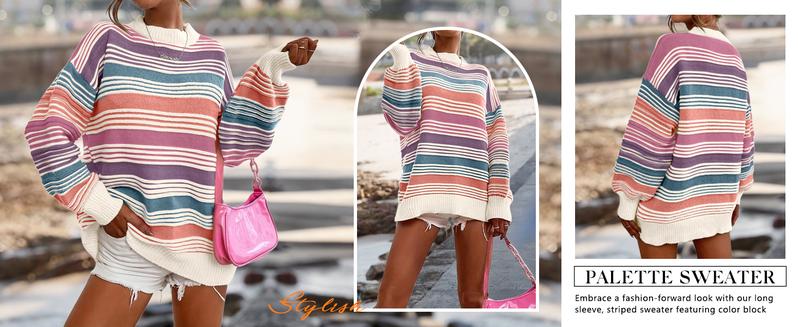 CHARTOU Women Contrast Striped Pullover Sweater 2025 Fall Outfits Oversized Knit Jumper Tops