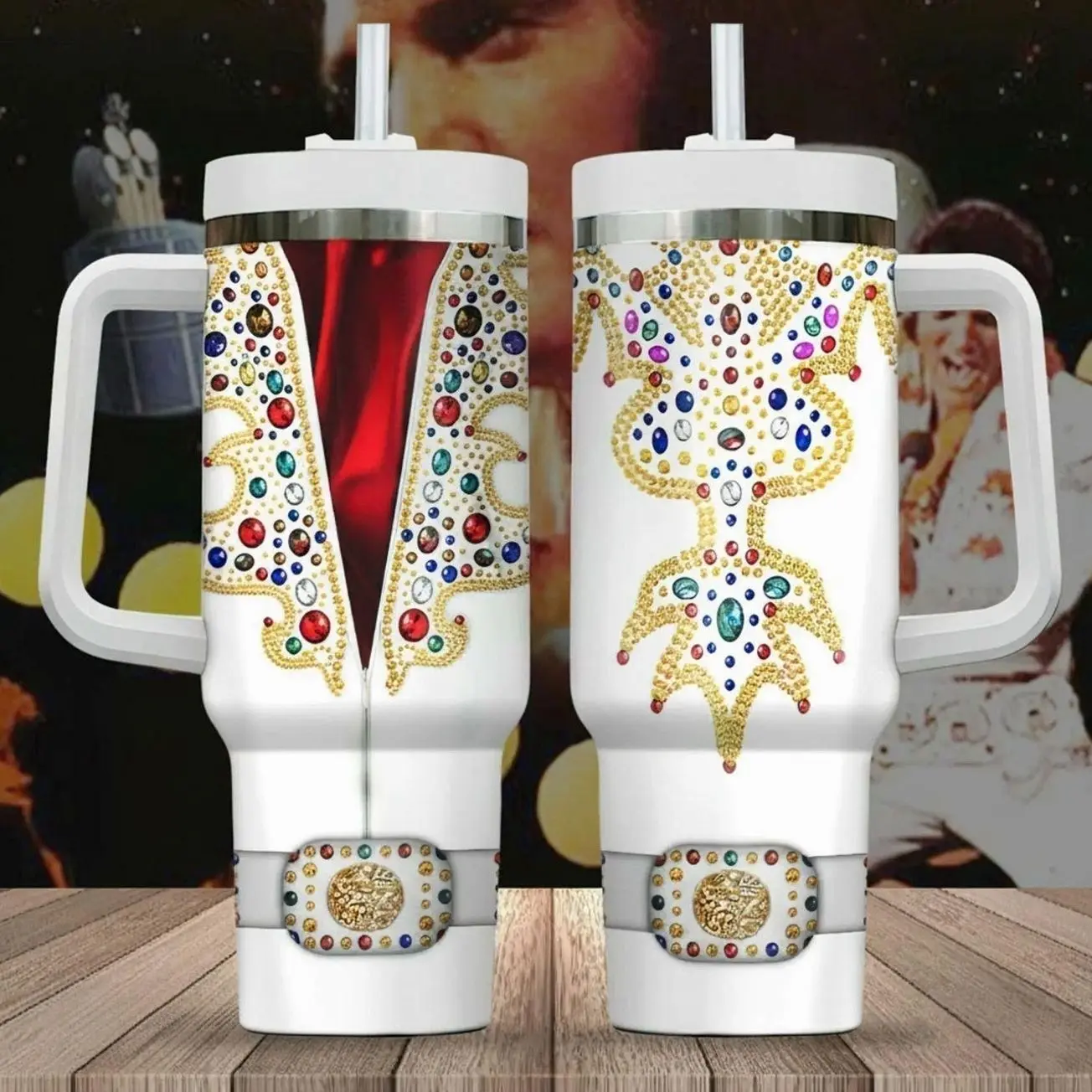 Elvis Presley 40oz Tumbler with Handle - King of Rock 'n' Roll Jumpsuit Design - Retro 70s Legend Aesthetic 40 oz Stainless Steel Cup with Straw - Gift for Elvis Fans & Collectors - Rockabilly Merch