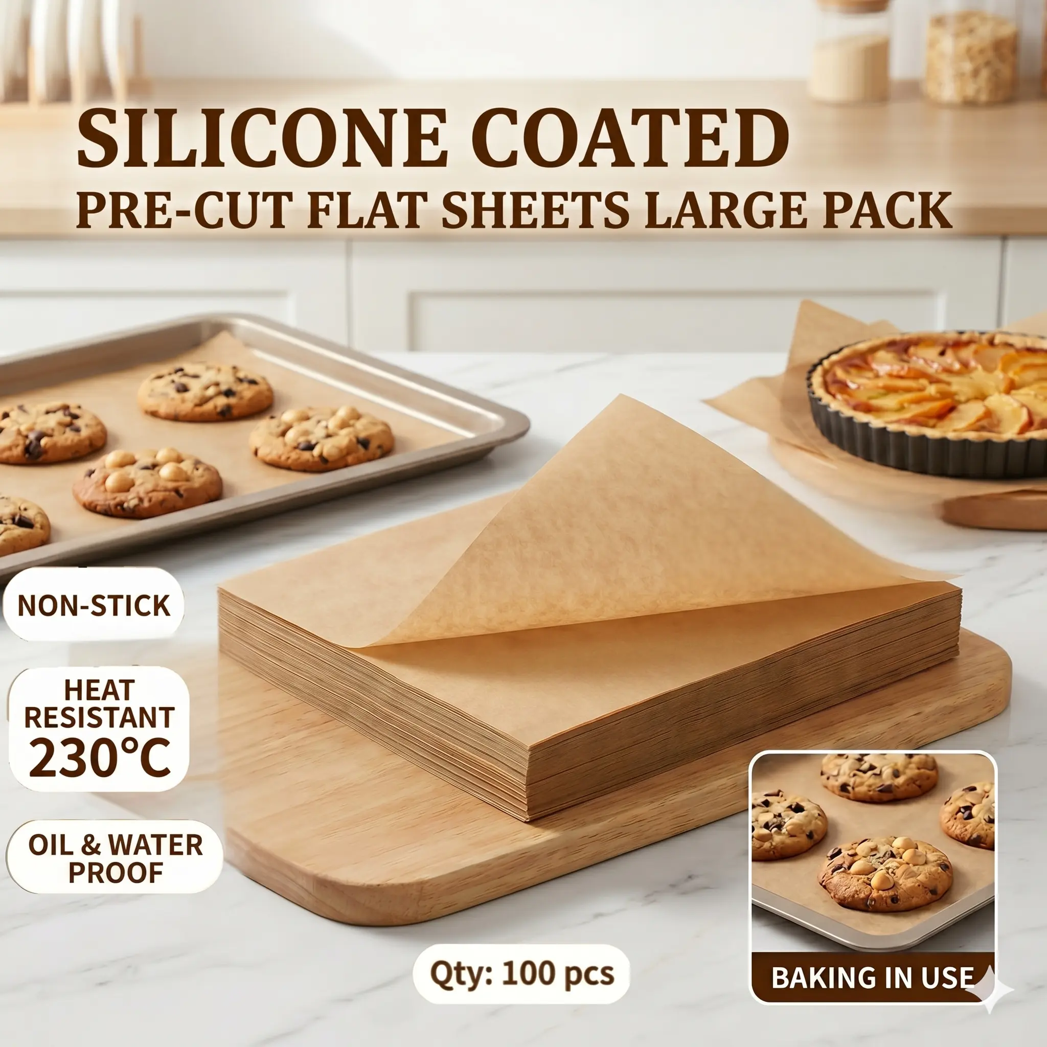 100 sheets non-stick, unbleached, brown food-grade silicone-coated baking paper, non-stick baking sheet parchment paper (9×13 inches/23×33 cm, 12×16 inches/30×40 cm), pre-cut food-grade baking supplies, foldable and cuttable, suitable for oven baking, two
