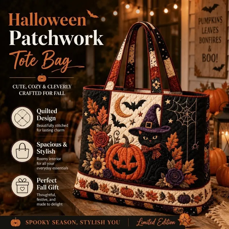 Women's Vintage Patchwork Quilted Tote Bag - Large Capacity Halloween Stuff for Women, Autumn-Ready Handbag with Black Cat, Bat