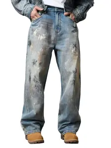 Viral Painter Splatter Dirty Baggy Jeans Light Blue Paint Splashed Loose Fit for Men