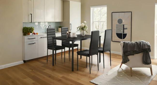 Gizoon Dining Table Set for 4, Kitchen Table Chairs Set of 4, 5 Piece Kitchen Table Set with 4 Upholstered PU Leather Chairs for Dining Room, Living Room, Apartment, Small Space, Black