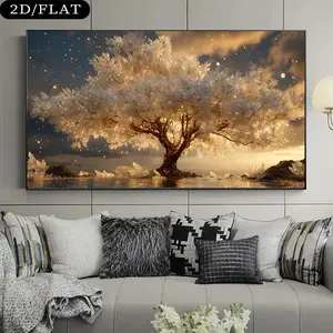 2D/FLAT Extra Large Modern Tree of Life Canvas Wall Art Print - Frameless Large Painting, Golden Trees, Suitable for Living Room, Bedroom, Home Office Decoration - Elegant Home Decor Poster, Tree Decoration, Bedroom Artwork.