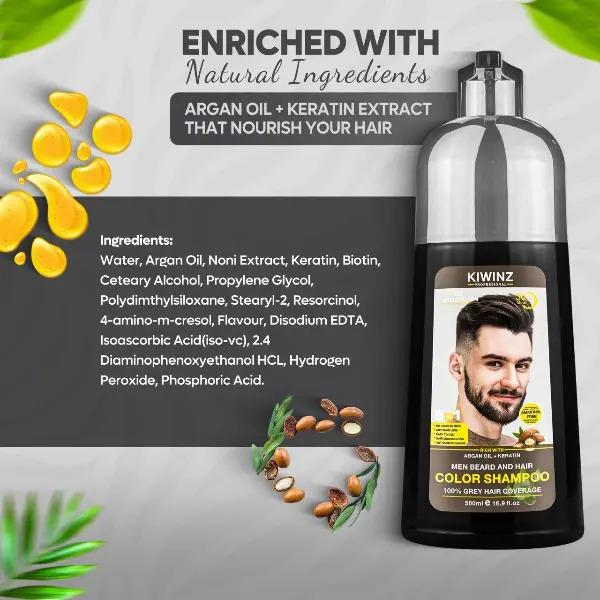 KIWINZ PRO 5 in 1 Men Beard & Hair Dye Shampoo - 5-in-1 Formula with Argan Oil & Keratin - No Stain on Skin - Anti-Hair Loss - Moisturizing & Breakage Solution - Hair Color Shampoo for Men Haircare Conditioner 500ml