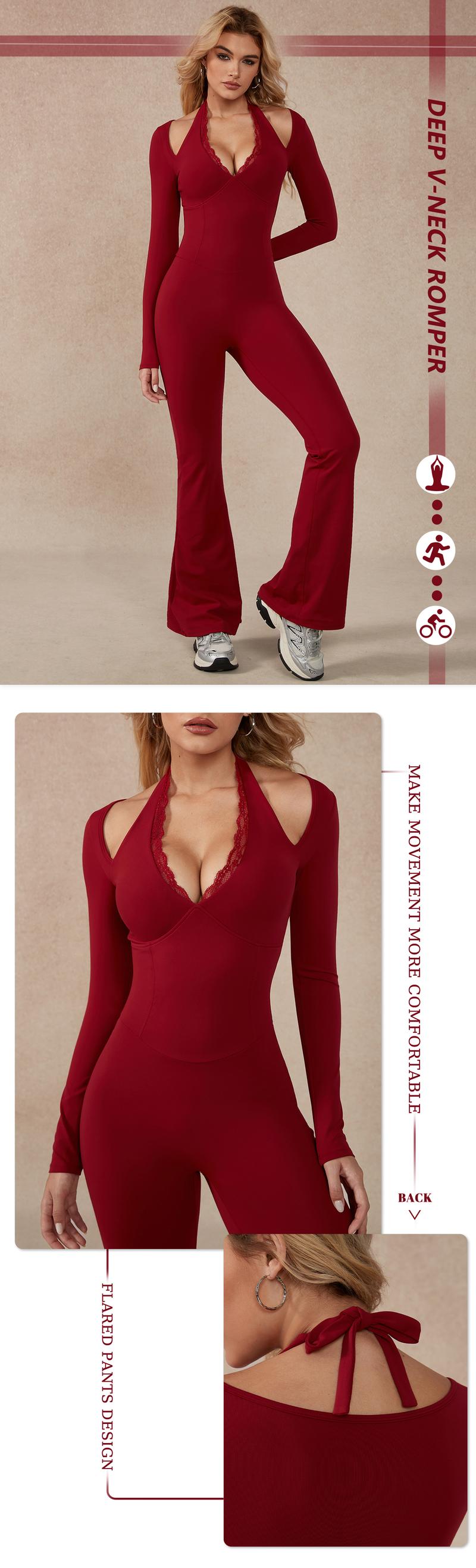 TimeOFF Women's Long-Sleeve Lace-Trim Halter Jumpsuit, Deep V-Neck & Flared Pant Hem, Solves Stylish Support & Flexible Fit Need for Yoga, Dance Workouts & Fashion-Forward Fitness Sessions,jumpsuit women jumpsuit for women