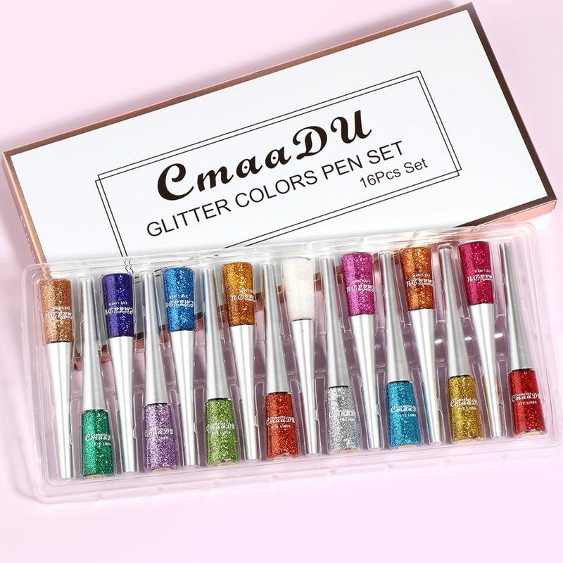 16 Color Glossy Eyeliner Set Makeup Glitter Full Color Eyeshadow Waterproof Highlight Liquid Party Stage Cosmetic Tools Holiday Gift