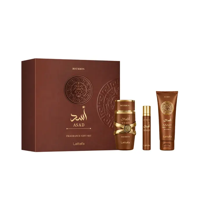 Lattafa Asad Bourbon 3-Piece Men's Body Care & Fragrance Set with Notes of Amber, Lavender, and Vanilla, Includes Eau de Parfum, Shower Gel, and Travel Spray, Pepper, Gifting Set, Coffee, Fragrance Sets, Spicy