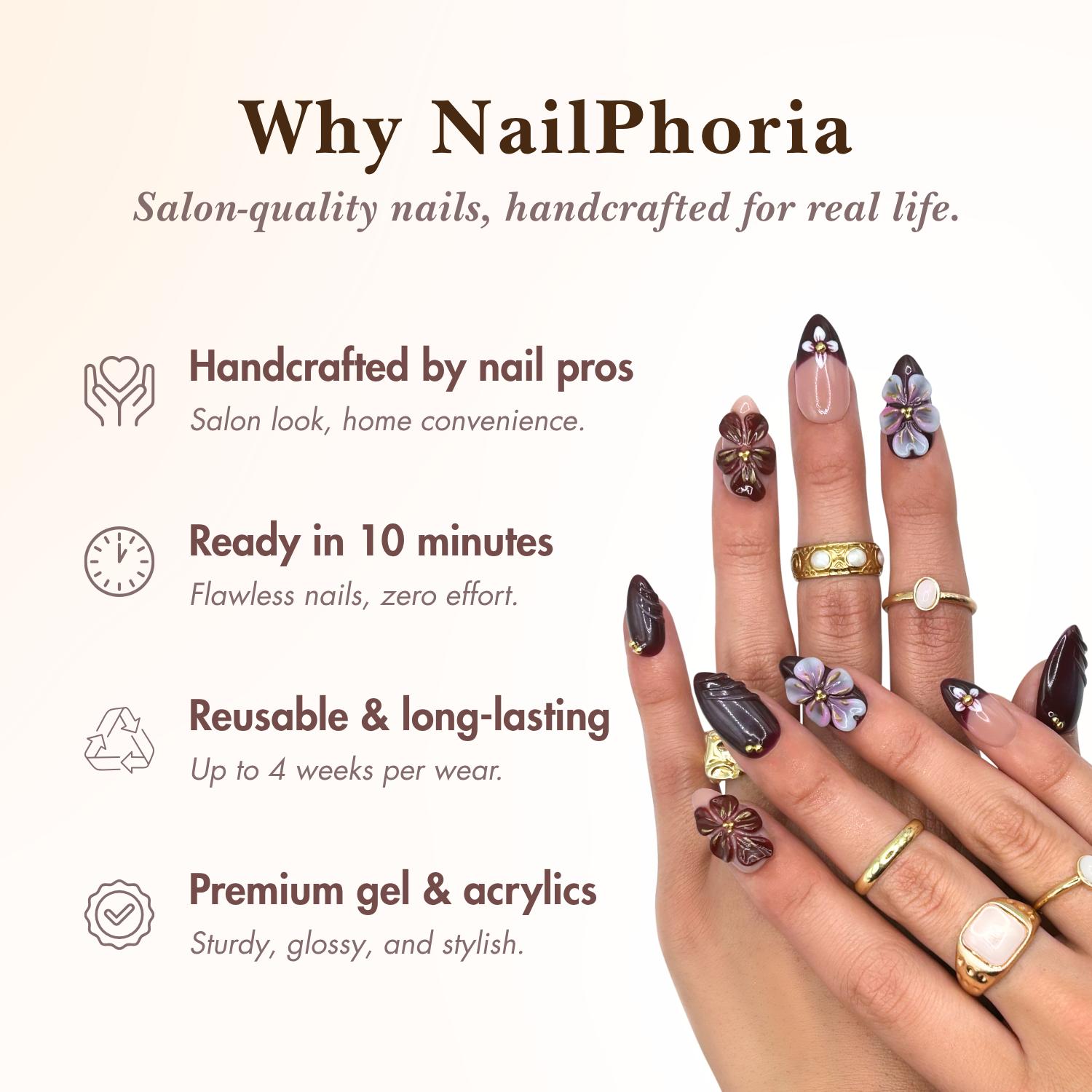 NailPhoria DARK FEMININE Collection - Handmade Press-On Nails | Reusable, Salon-Quality, Long-Lasting, Glossy Design