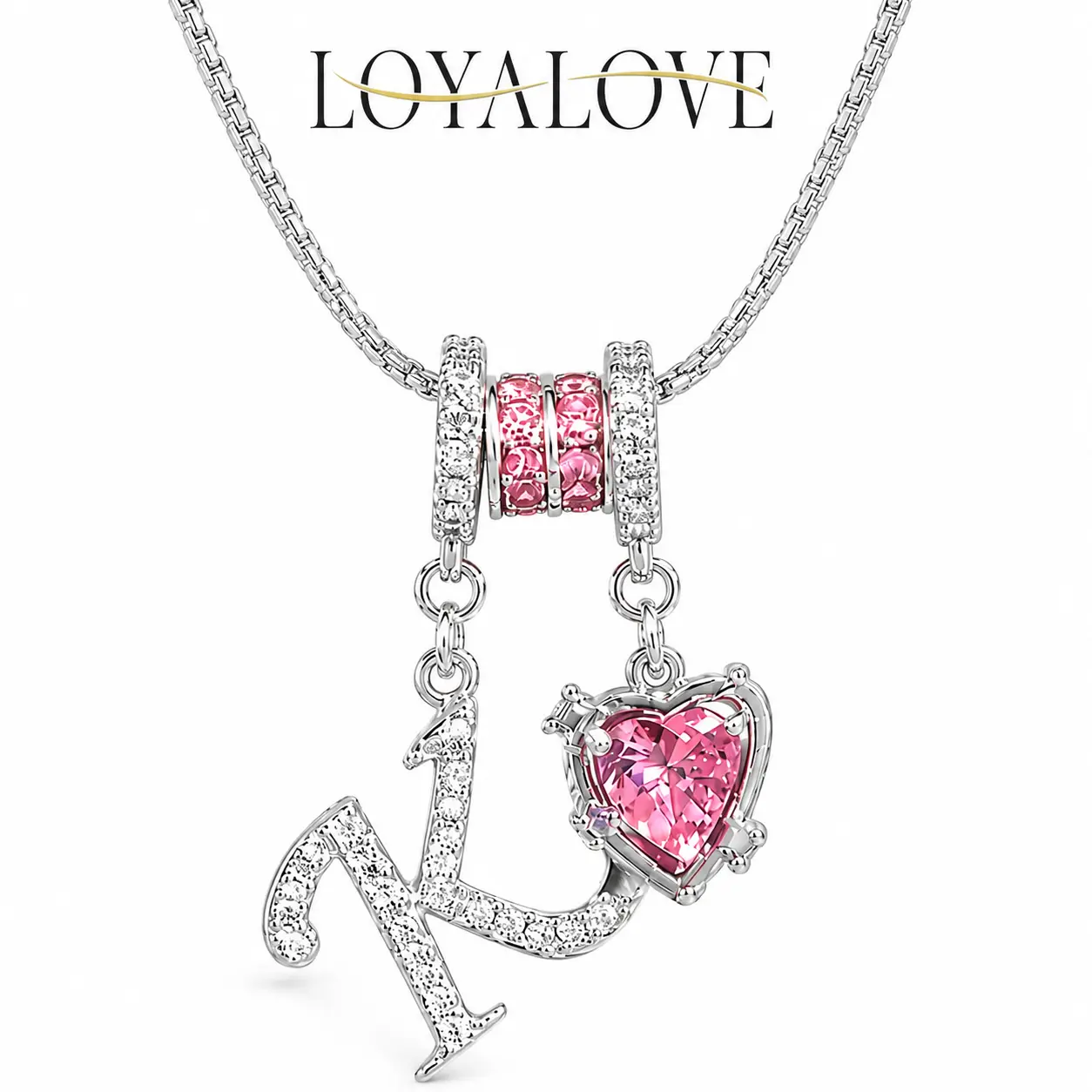 Loyalove Women's Personalized 925 Silver-Plated 3-Layer A-Z Initial Necklace, Dainty Adjustable Box Chain Choker with Pink Heart Cubic Zirconia, Accessories for Women, Thoughtful Gift for Girls, Personalized Necklace, Jewelry