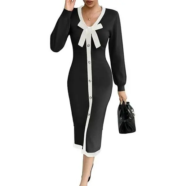 Wenrine Women's V-Neck Long-Sleeve Knit Midi Dress - Minimalist, Casual, Comfortable Fabric, Button-Detailed, Color-Block, Bow-Tie Accent, Elegant Bodycon Fall Dress