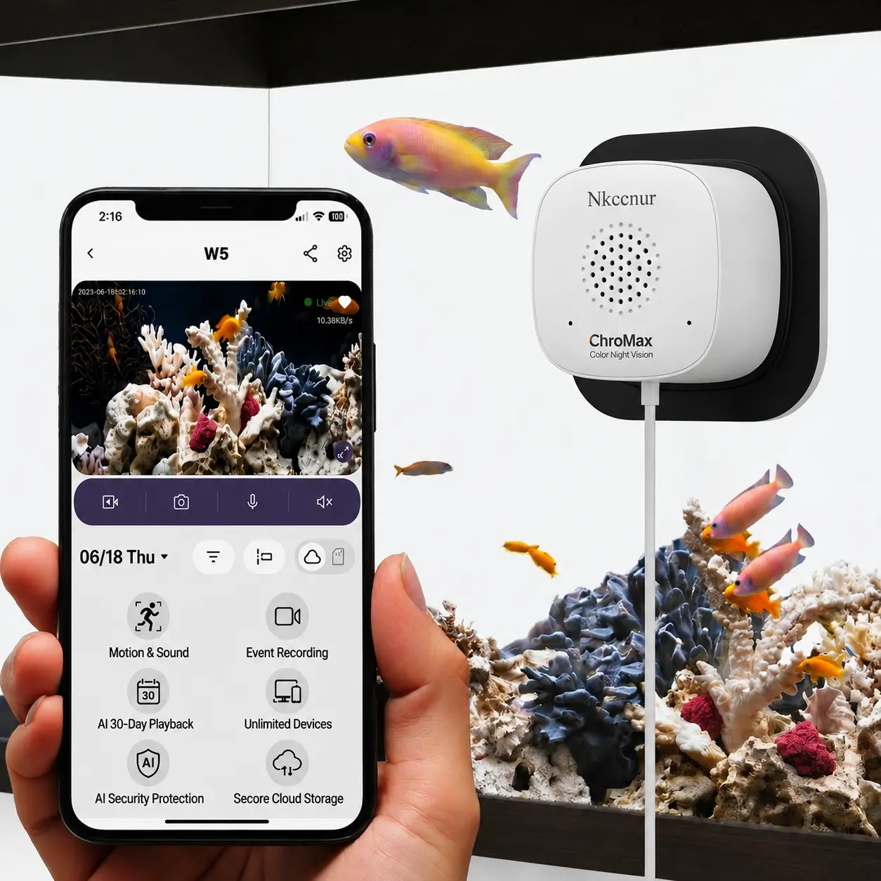 NKccnur 3MP 2K Aquarium & Terrarium Pet Camera.Magnetic Install &Close-Focus Lens for Fish,Lizard, Reptile Pet and Window Bird Feeder,2.4GHz & 5GHz WiFi,Color Night Vision,Auto-focus,24/7 Recording Safety