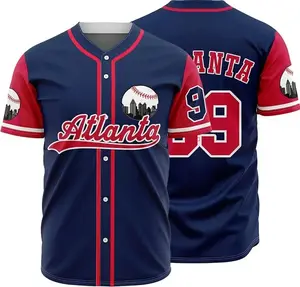 Atlanta Baseball Jersey, City Skyline Shirt, Red and Navy Sports Jersey, Number 99 Team Style, Urban Streetwear for Men