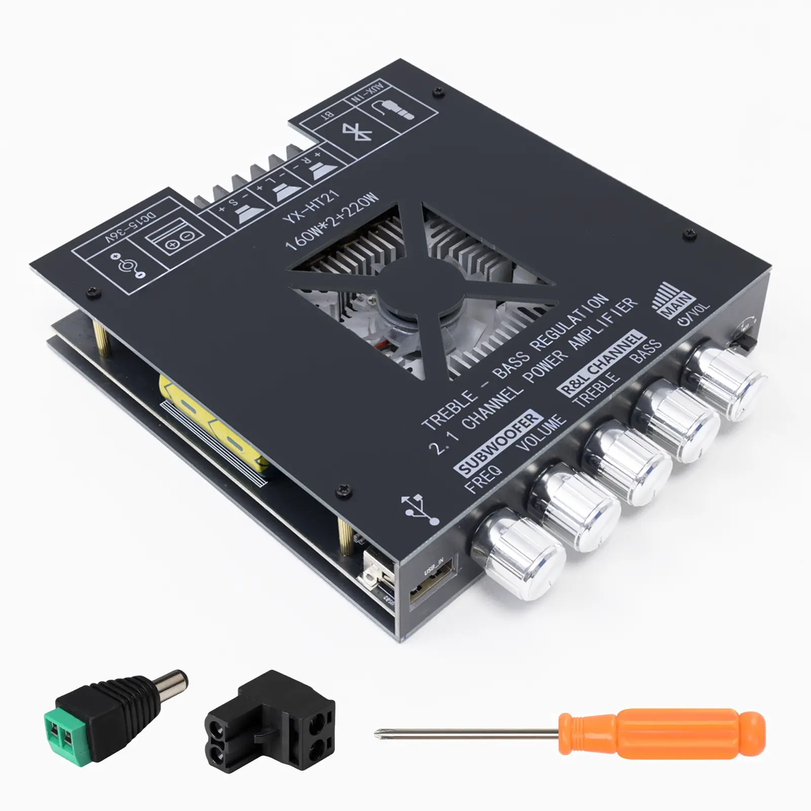 HT21 Upgraded 2.1 Channel Mini Wireless Hi-Fi Amplifier Board with TDA7498E Hi-Fi Chip, 160W×2+220W Home Amplifier, Supplier-Made, BT/USB/AUX Flexible Connectivity, Dual Expansion Ports, DC 15-36V, Easy Integration for DIY Home Speakers Customization