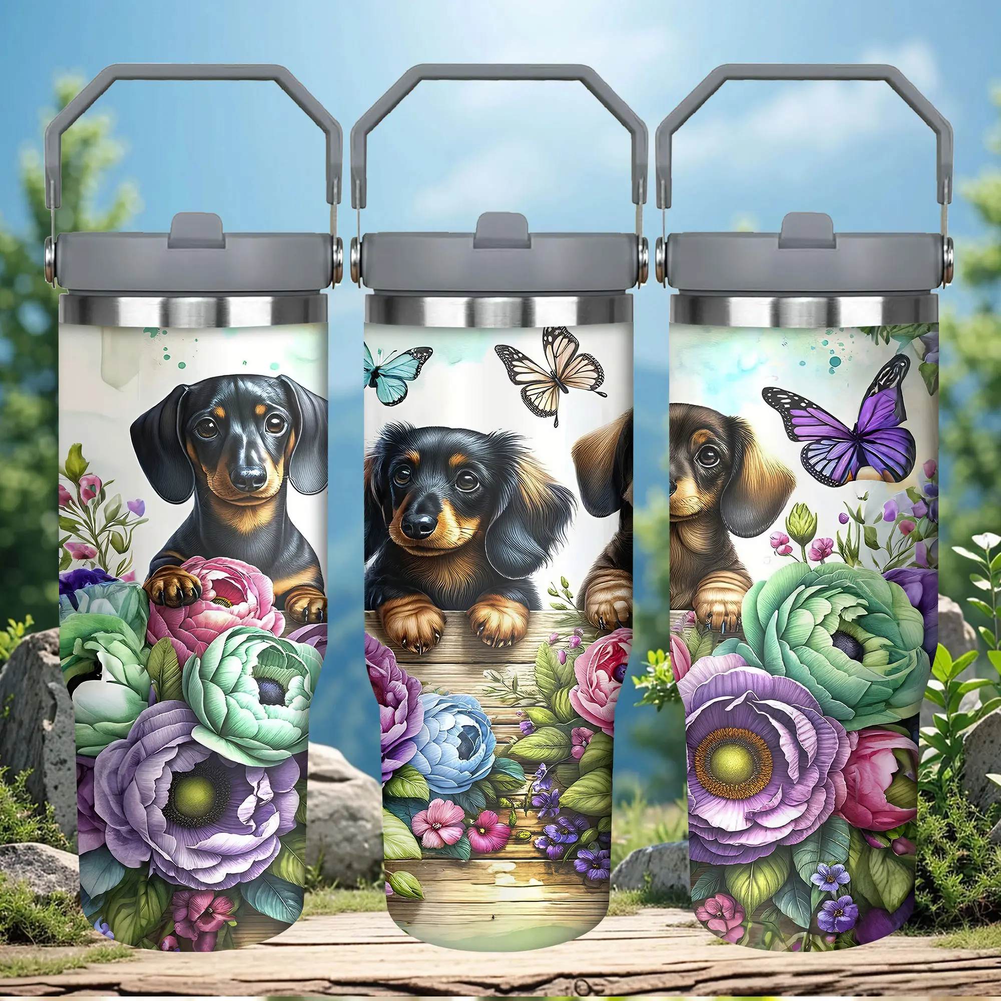 1pc 30oz Three Adorable Dachshunds and Vibrant Flowers Tumbler with Lid, Insulated Travel Mug, Gift for Women Men, Ideal for Halloween, Independence Day, Memorial Birthday Gift, Coffee Cup, weird stuff