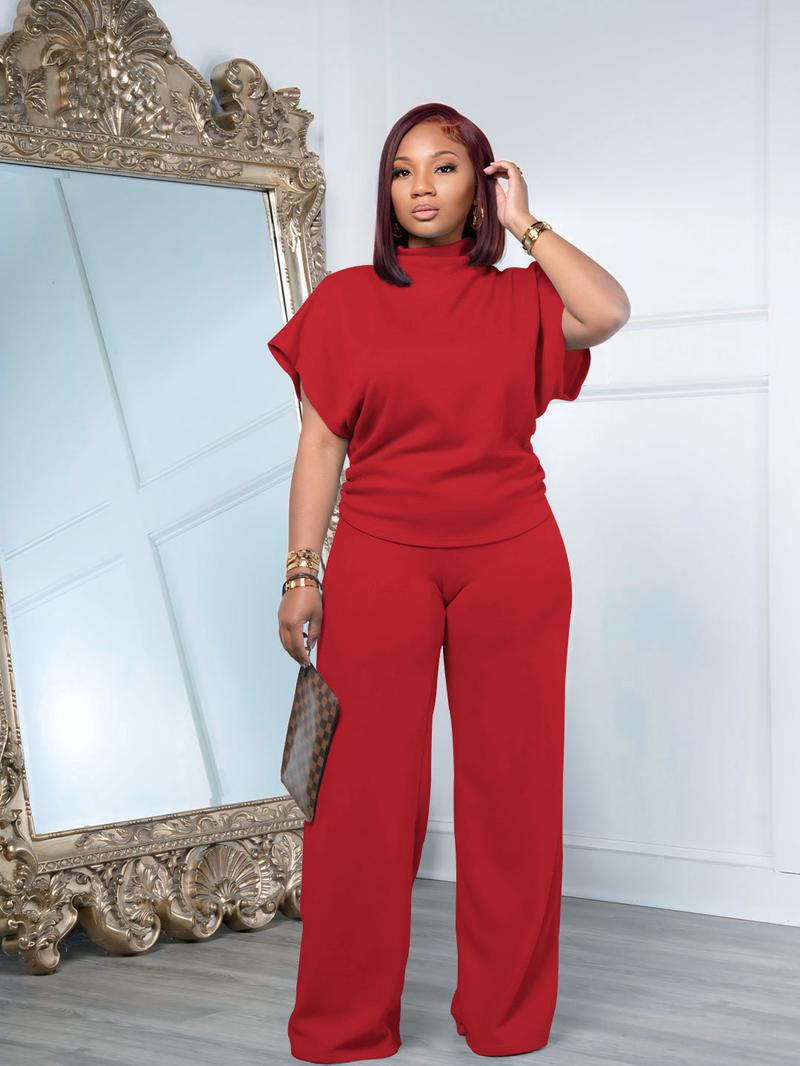 USBoutique Chic Women Summer Lightweight And Silky Soft Set Two Piece Casual Set Short Sleeved Semi High Neck Loose Top Wide Leg Pants Set