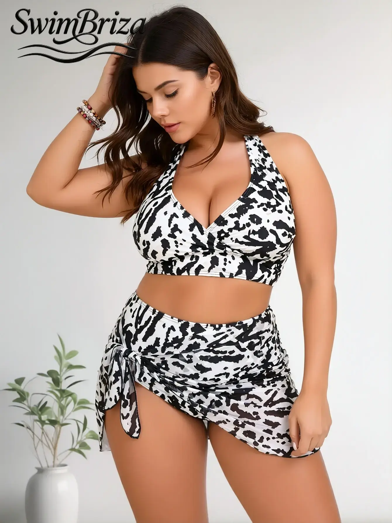 Briza｜Halter Bikini In Black White Cow Print With Sarong And High Waisted Bikini Sets For Plus Size Swimsuits And Plus Size Swimwear, Two-Piece Swimsuit With Swimsuit Cover Up For Women, Bathing Suit Women Set Vacation Swimwear For Women