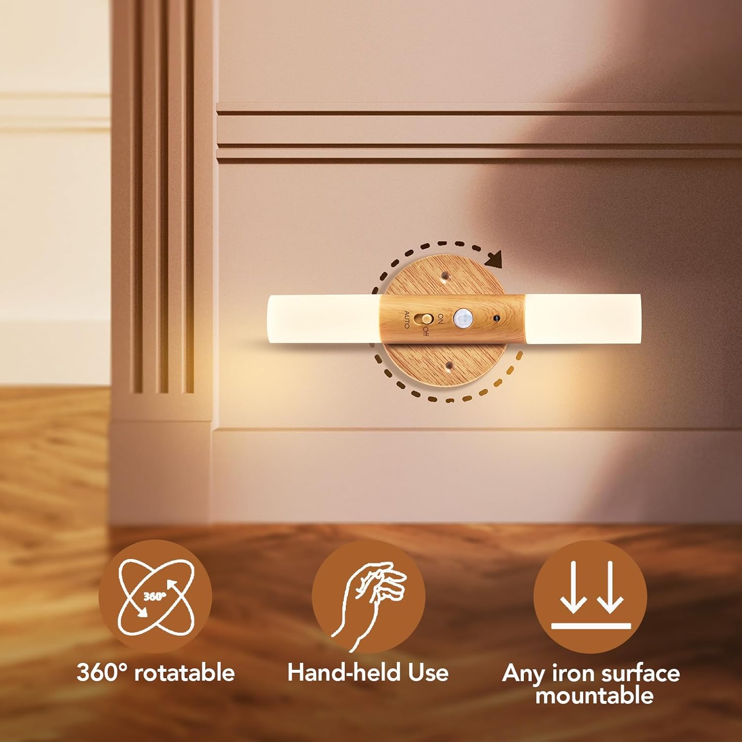 LED Motion Sensor Night Lights Magnet Body Hallway Lamp Rechargeable LED Wall Sconces Magnetic 360° Rotation Corner Portable for Stairway Bedroom Battery Powered