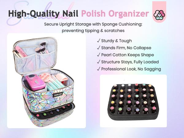 SAVILAND Nail Polish Organizer Bag: PU Leather Nail Storage Case Holds 30 Bottles & Nail Lamp, Holographic Nail Supply Organizer for Nail Polish Tools Nail Tech