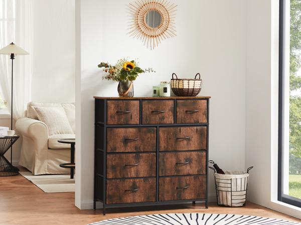 Sweet Furniture S -  Dresser for Bedroom with 9 Drawers, Fabric Dresser with Tall Chest of Drawers, Storage Organizer Unit with Fabric Bins