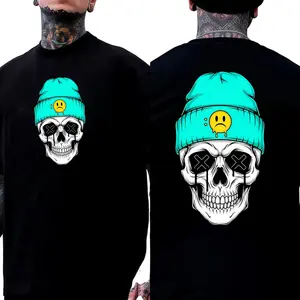 Mint Green Beanie Double-Sided Skull Print T-Shirt Designer Original Pattern Top Streetwear Casual Y2K Unisex Round Neck Top Cotton Soft Stylish Outfit