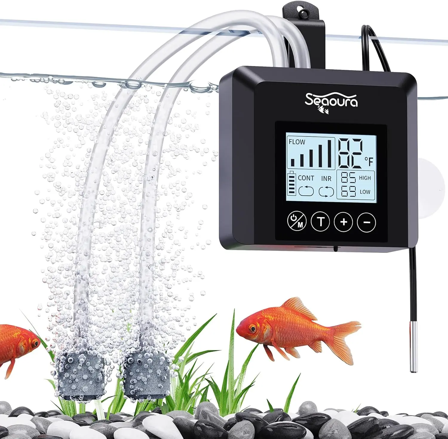 Seaoura USB Rechargeable Aquarium Air Pump - ABS, Silent Mode, 2.5W Energy Saving, Compact Form (3.54*3.14*1.57in), Portable Oxygen Bubbler with Temp Alarm for 30-60 Gal Tanks, Outdoor Fishing Emergencies