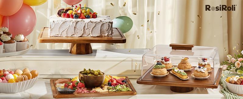 【NewYear2026】Acacia Wood Cake Stand 2in1 with Plastic Lid & Bowl-Square Cake Display Stand for Dessert/Fruit/Cheese/Chips/Donut-Organiser,Valentine’s Day Gift