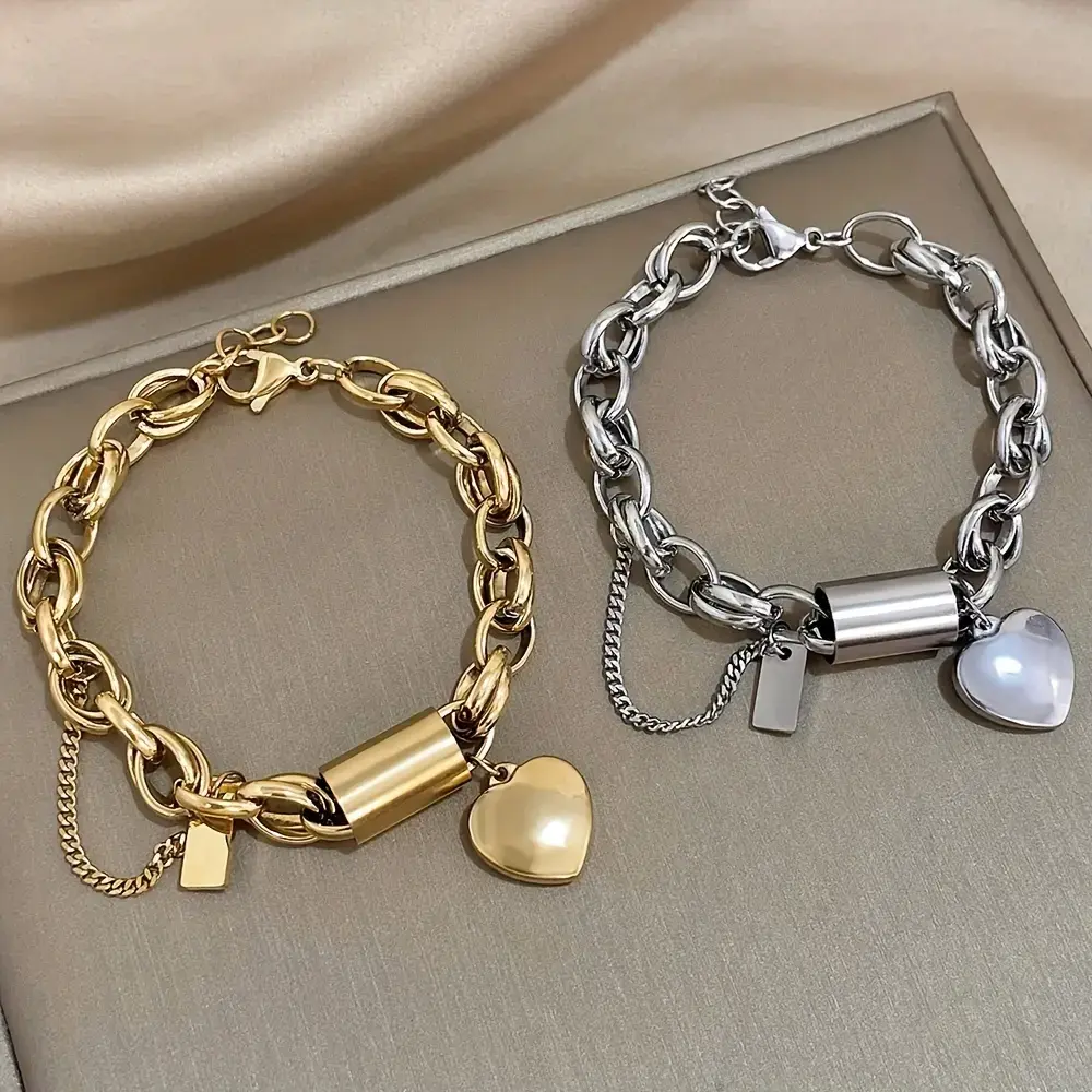 Women's Exquisite Fashion Stainless Steel Heart Shaped Bracelet, Chunky Thick Chain Link Bangle, Valentine's Day Jewelry Gift for DIY Bag Accessories, Exquisite Bracelet, Fashion Bracelet